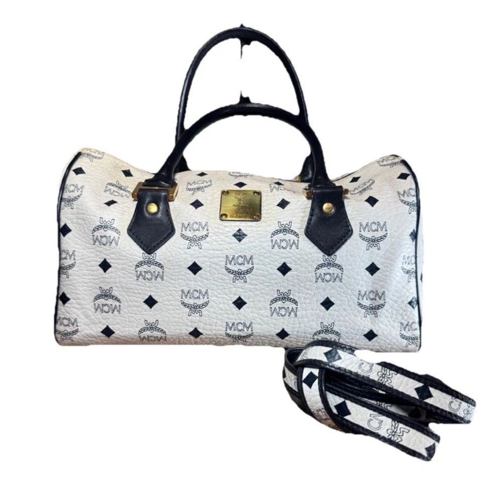 MCM Navy Blue & White Coated Canvas Viestos 2way Boston Bag Auth Vtg - Picture 8 of 16